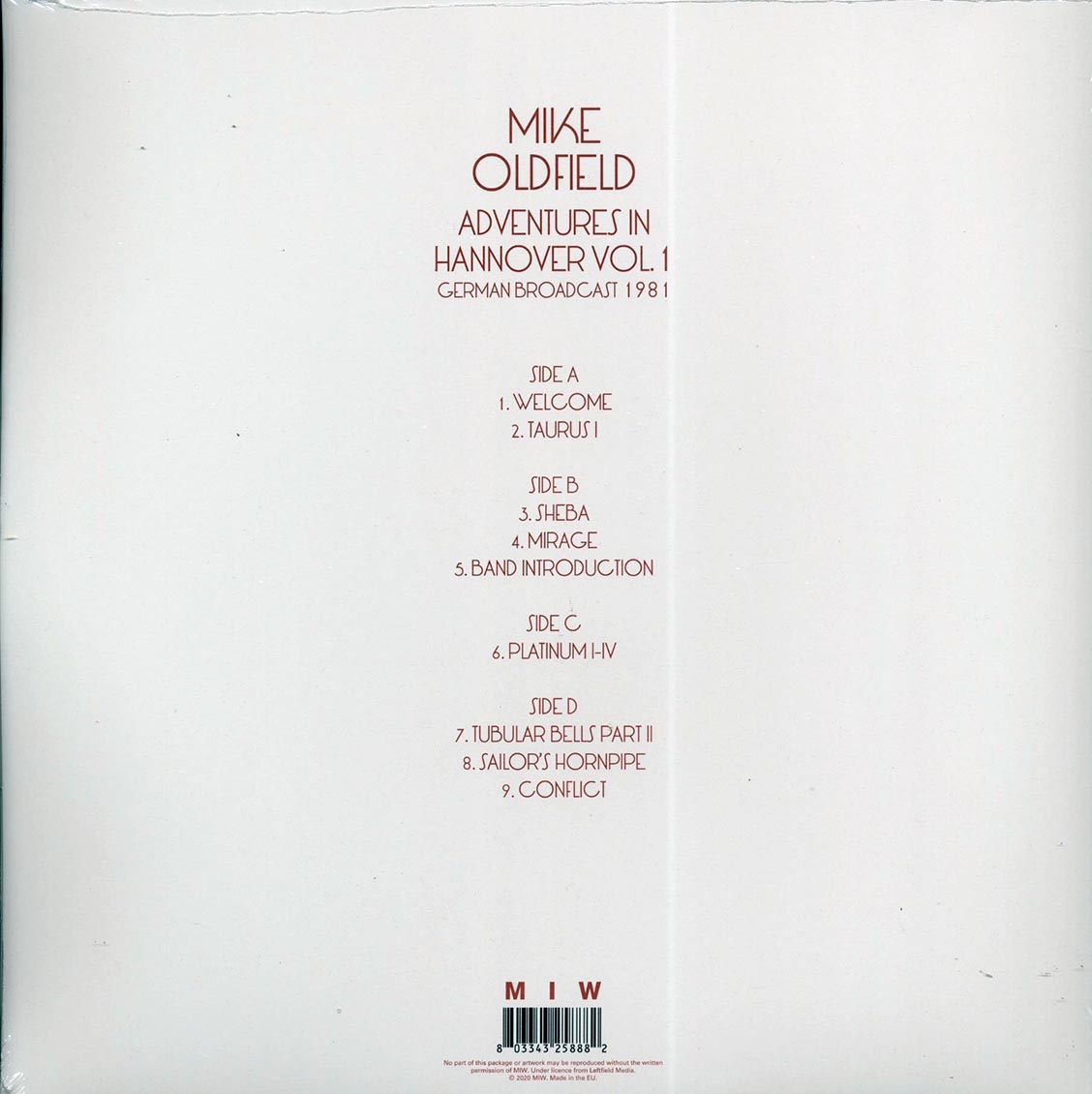 Mike Oldfield	"Adventures In Hannover Volume 1" Broadcast 1981 (2LP)